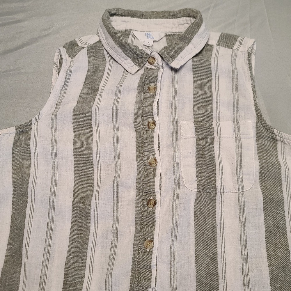 Time and Tru Button Down Top Womens Small Green White Striped Sleeveless Linen